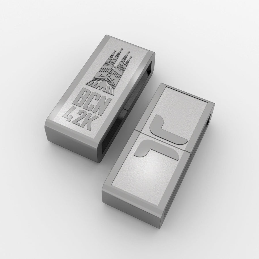 Barcelona 26.2 running charm — engraved stainless-steel marathon medal charm on a THERSIPO bracelet