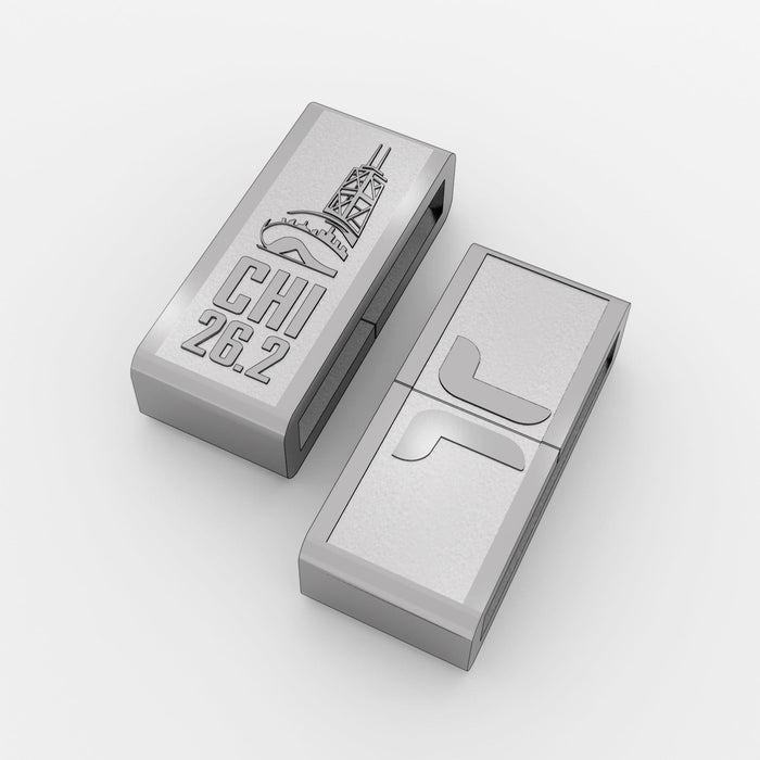 Chicago 26.2 running charm — engraved stainless-steel marathon medal charm on a THERSIPO bracelet