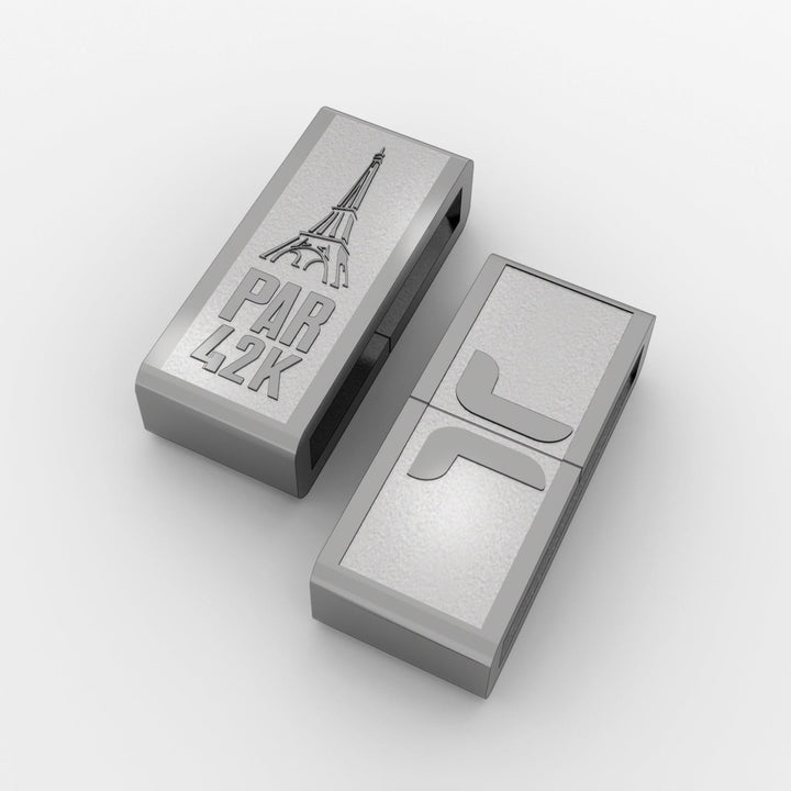 Paris 26.2 running charm — engraved stainless-steel marathon medal charm on a THERSIPO bracelet